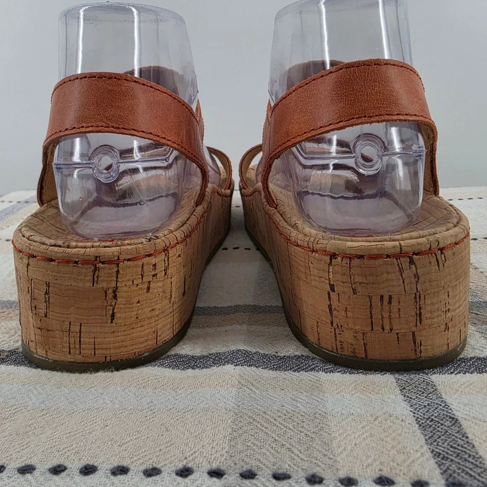 B.O.C. Born Leather Platform Wedge Sandals Coral Tan Cork Ankle Strap Women's 7M